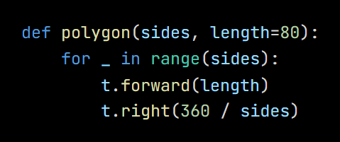 Python code from the lesson, beginning def polygon(sides, length=80):