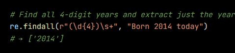 Python code from the lesson, beginning # Find all 4-digit years and extract just the year (not the 