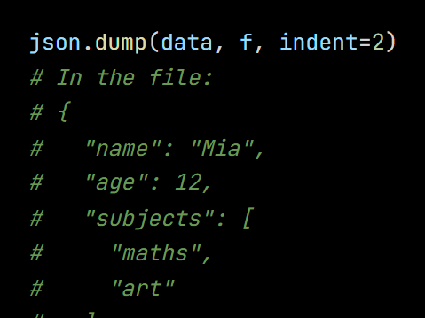 Python code from the lesson, beginning json.dump(data, f, indent=2)