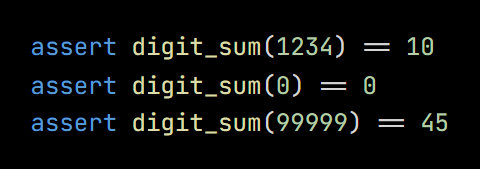 Python code from the lesson, beginning assert digit_sum(1234) == 10