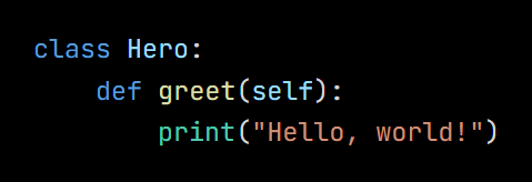 Python code from the lesson, beginning class Hero: