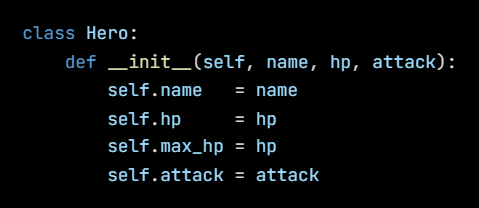 Python code from the lesson, beginning class Hero: