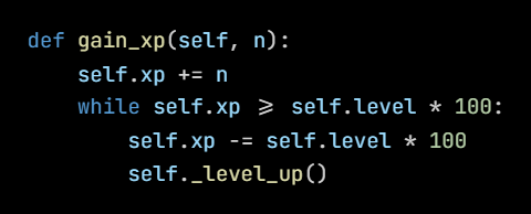 Python code from the lesson, beginning def gain_xp(self, n):