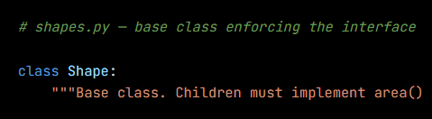 Python code from the lesson, beginning # shapes.py — base class enforcing the interface