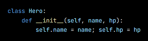 Python code from the lesson, beginning class Hero: