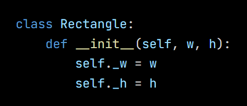 Python code from the lesson, beginning class Rectangle: