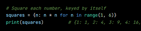 Python code from the lesson, beginning # Square each number, keyed by itself