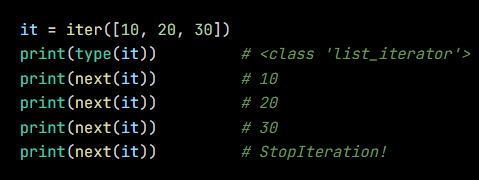 Python code from the lesson, beginning it = iter([10, 20, 30])
