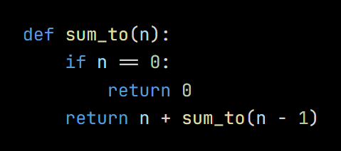 Python code from the lesson, beginning def sum_to(n):
