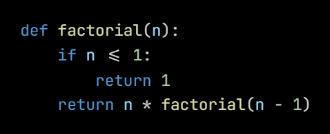 Python code from the lesson, beginning def factorial(n):