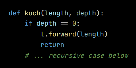 Python code from the lesson, beginning def koch(length, depth):