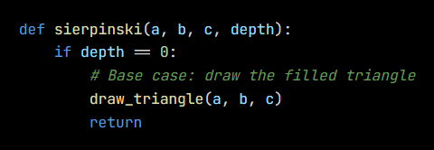 Python code from the lesson, beginning def sierpinski(a, b, c, depth):
