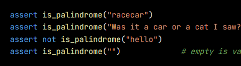 Python code from the lesson, beginning assert is_palindrome("racecar")