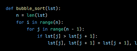 Python code from the lesson, beginning def bubble_sort(lst):