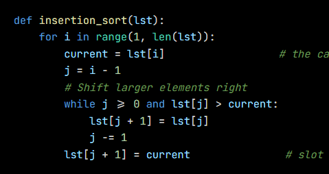 Python code from the lesson, beginning def insertion_sort(lst):