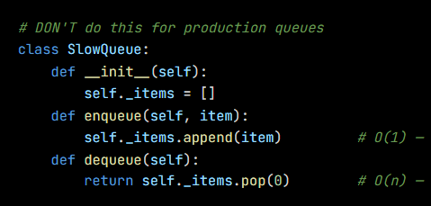 Python code from the lesson, beginning # DON'T do this for production queues