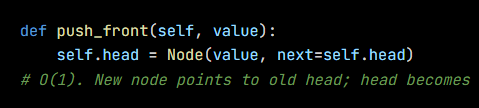 Python code from the lesson, beginning def push_front(self, value):