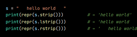 Python code from the lesson, beginning s = "   hello world   "