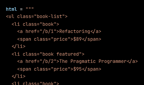 Python code from the lesson, beginning html = """