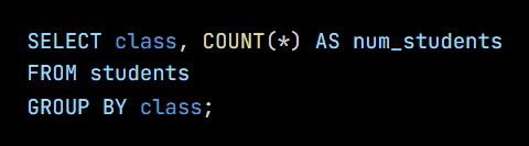 Python code from the lesson, beginning SELECT class, COUNT(*) AS num_students