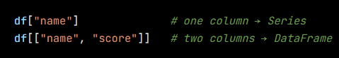 Python code from the lesson, beginning df["name"]              # one column → Series