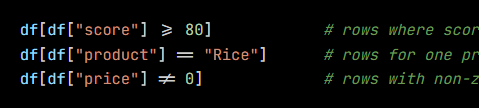 Python code from the lesson, beginning df[df["score"] >= 80]            # rows where score >= 80