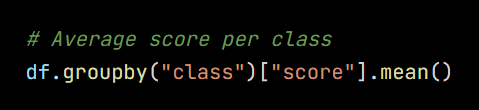 Python code from the lesson, beginning # Average score per class