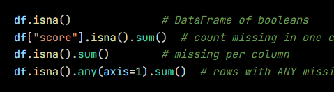 Python code from the lesson, beginning df.isna()              # DataFrame of booleans