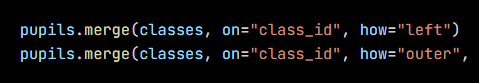 Python code from the lesson, beginning pupils.merge(classes, on="class_id", how="left")