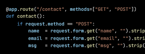 Python code from the lesson, beginning @app.route("/contact", methods=["GET", "POST"])