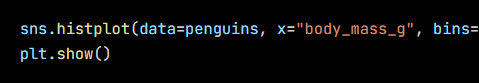 Python code from the lesson, beginning sns.histplot(data=penguins, x="body_mass_g", bins=30, kde=Tr