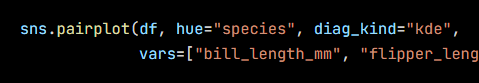Python code from the lesson, beginning sns.pairplot(df, hue="species", diag_kind="kde",