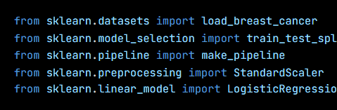 Python code from the lesson, beginning from sklearn.datasets import load_breast_cancer