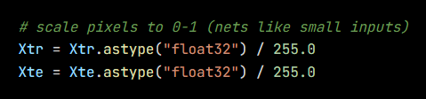 Python code from the lesson, beginning # scale pixels to 0-1 (nets like small inputs)