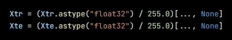 Python code from the lesson, beginning Xtr = (Xtr.astype("float32") / 255.0)[..., None]   # (60000,