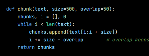 Python code from the lesson, beginning def chunk(text, size=500, overlap=50):