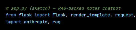 Python code from the lesson, beginning # app.py (sketch) — RAG-backed notes chatbot