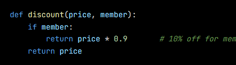 Python code from the lesson, beginning def discount(price, member):