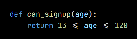 Python code from the lesson, beginning def can_signup(age):