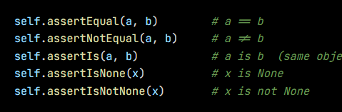 Python code from the lesson, beginning self.assertEqual(a, b)        # a == b