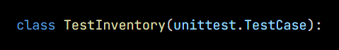 Python code from the lesson, beginning class TestInventory(unittest.TestCase):
