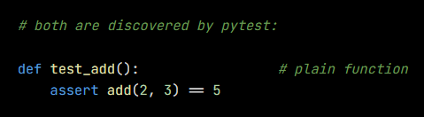 Python code from the lesson, beginning # both are discovered by pytest: