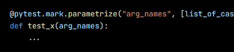 Python code from the lesson, beginning @pytest.mark.parametrize("arg_names", [list_of_cases])
