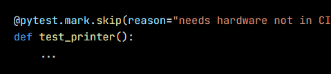 Python code from the lesson, beginning @pytest.mark.skip(reason="needs hardware not in CI")