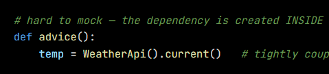 Python code from the lesson, beginning # hard to mock — the dependency is created INSIDE
