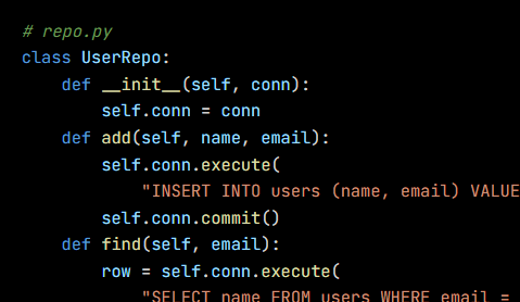 Python code from the lesson, beginning # repo.py