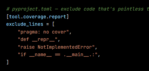 Python code from the lesson, beginning # pyproject.toml — exclude code that's pointless to test
