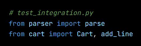 Python code from the lesson, beginning # test_integration.py