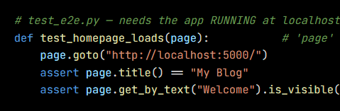 Python code from the lesson, beginning # test_e2e.py — needs the app RUNNING at localhost:5000