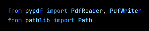 Python code from the lesson, beginning from pypdf import PdfReader, PdfWriter